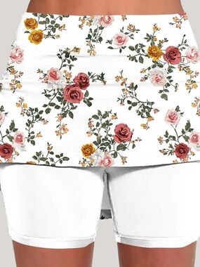 White Floral Skort with Pink & Mustard Rose Print